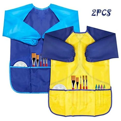  [아마존베스트]Kicosy 2 Pack Kids Apron Toddler Art Smock Toddler Smock for Kids Smock Children Waterproof Painting Aprons Artist Smock Toddler Smocks for Painting (Blue & Yellow)