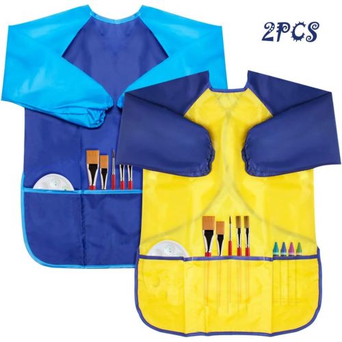  [아마존베스트]Kicosy 2 Pack Kids Apron Toddler Art Smock Toddler Smock for Kids Smock Children Waterproof Painting Aprons Artist Smock Toddler Smocks for Painting (Blue & Yellow)