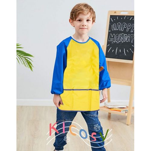  [아마존베스트]Kicosy 2 Pack Kids Apron Toddler Art Smock Toddler Smock for Kids Smock Children Waterproof Painting Aprons Artist Smock Toddler Smocks for Painting (Blue & Yellow)