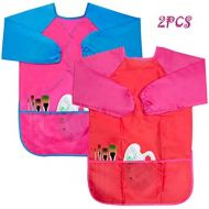 [아마존베스트]Kicosy 2 Pack Kids Apron Toddler Art Smock Toddler Smock for Kids Smock Children Waterproof Painting Aprons Artist Smock Toddler Smocks for Painting (Pink & Red)