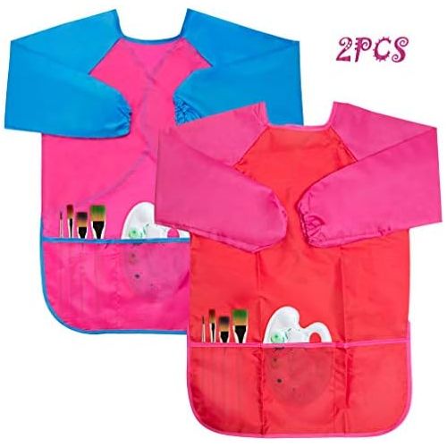  [아마존베스트]Kicosy 2 Pack Kids Apron Toddler Art Smock Toddler Smock for Kids Smock Children Waterproof Painting Aprons Artist Smock Toddler Smocks for Painting (Pink & Red)