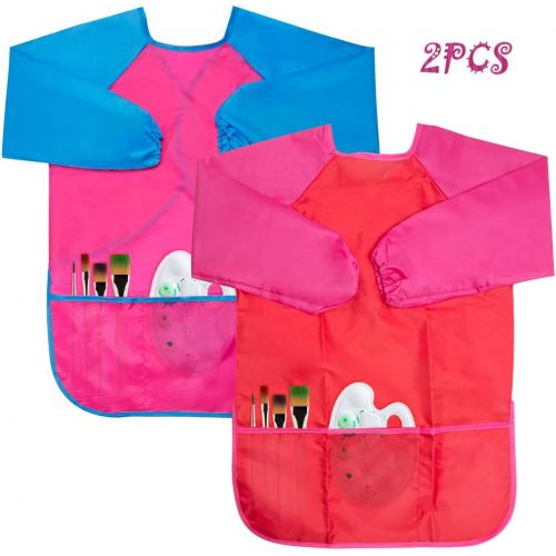  [아마존베스트]Kicosy 2 Pack Kids Apron Toddler Art Smock Toddler Smock for Kids Smock Children Waterproof Painting Aprons Artist Smock Toddler Smocks for Painting (Pink & Red)