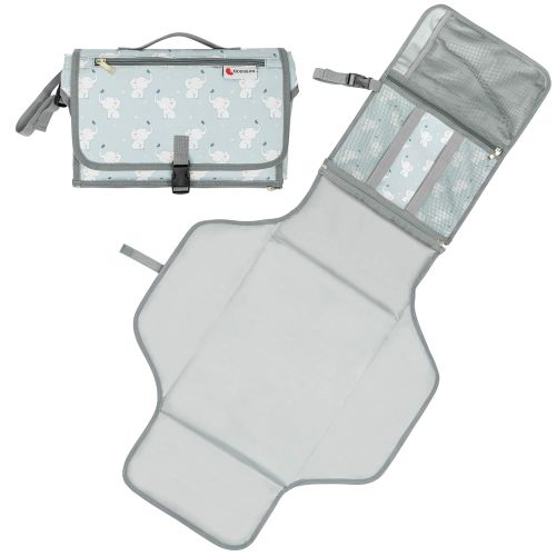  Kiddibean Clutch Diaper Changing Pad - Waterproof Baby Travel Changing Station Portable and Easy to use - Built-in Head Cushion  Multiple Pockets - Cute Elephant Print (Grey)