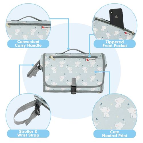  Kiddibean Clutch Diaper Changing Pad - Waterproof Baby Travel Changing Station Portable and Easy to use - Built-in Head Cushion  Multiple Pockets - Cute Elephant Print (Grey)