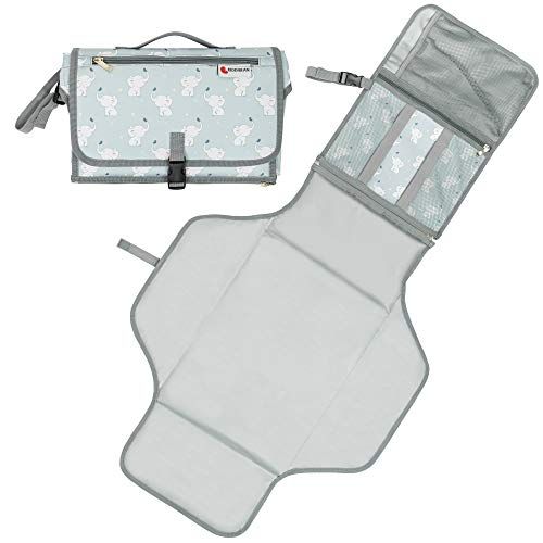  Kiddibean Clutch Diaper Changing Pad - Waterproof Baby Travel Changing Station Portable and Easy to use - Built-in Head Cushion  Multiple Pockets - Cute Elephant Print (Grey)