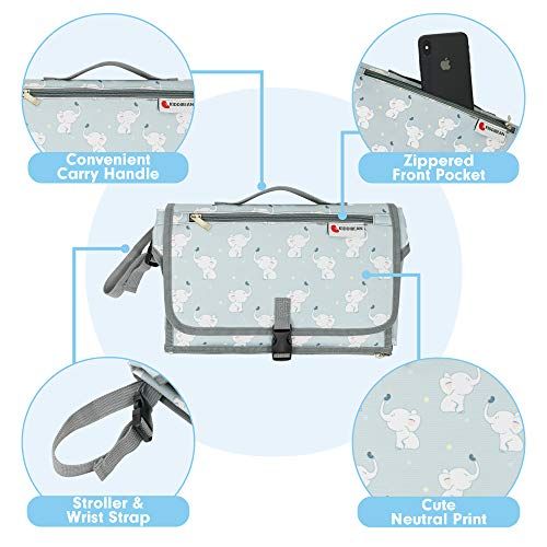  Kiddibean Clutch Diaper Changing Pad - Waterproof Baby Travel Changing Station Portable and Easy to use - Built-in Head Cushion  Multiple Pockets - Cute Elephant Print (Grey)