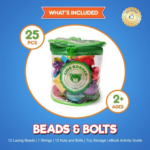  KIDS KORNER Jumbo Lacing Beads For Toddlers and Nuts & Bolts 2-in-1 Montessori Educational Preschool Toys For 2 Year Old - Matching Fine Motor Skills Toddler Games with Toy Storage & Learning