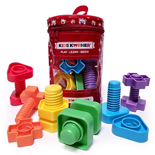  KIDS KORNER Jumbo Nuts and Bolts for Toddlers - Fine Motor Skills Rainbow Matching Game Montessori Toys for Toddlers & Toddler Games 12 pc Occupational Therapy Educational Toys with Toy Storag