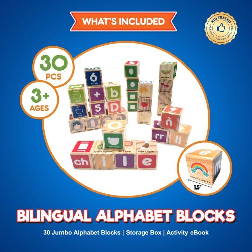  KIDS KORNER Alphabet Blocks Toys For Toddlers - Jumbo Bilingual Educational Toys For 2 Year Olds, Stacking Toys & ABC Games For Kids 3 4 5 with 30 Wooden Blocks, Toddler Learning Activities eB