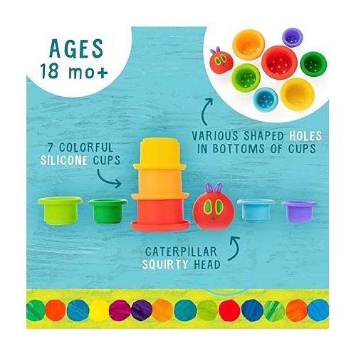  Kids Preferred World of Eric Carle The Very Hungry Caterpillar Bath Time Silicone Stacking Cup Set with Caterpillar Head Squirty Perfect for Water Play Ages 18 Months and Up