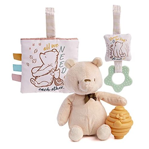  KIDS PREFERRED Classic Pooh 4 Piece Set with Pooh Stuffed Animal, Squeaker Toy, Crinkle Square, and Teether