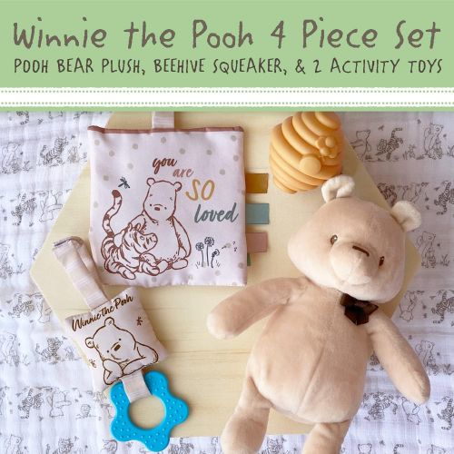  KIDS PREFERRED Classic Pooh 4 Piece Set with Pooh Stuffed Animal, Squeaker Toy, Crinkle Square, and Teether