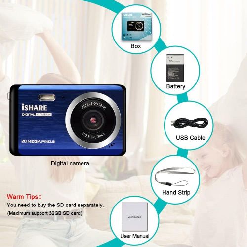  [아마존베스트]Compact Digital Camera, Rechargeable 20MP Kids Camera with 2.8 LCD 8X Digital Zoom for Adult Seniors Elders（Blue）