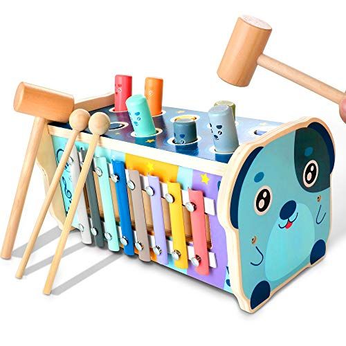  KIDWILL 3-in-1 Wooden Hammering Pounding Toy, Montessori Early Development Toy with Pounding Bench, Number Sorting Maze, Xylophone, Birthday Gift for 1 2 3 4 Year Old Baby Kids