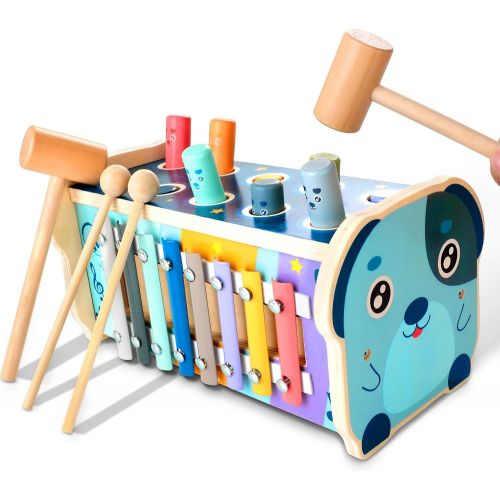  KIDWILL 3-in-1 Wooden Hammering Pounding Toy, Montessori Early Development Toy with Pounding Bench, Number Sorting Maze, Xylophone, Birthday Gift for 1 2 3 4 Year Old Baby Kids