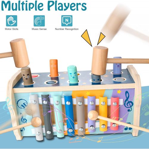  KIDWILL 3-in-1 Wooden Hammering Pounding Toy, Montessori Early Development Toy with Pounding Bench, Number Sorting Maze, Xylophone, Birthday Gift for 1 2 3 4 Year Old Baby Kids