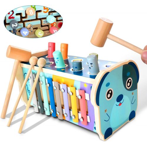  KIDWILL 3-in-1 Wooden Hammering Pounding Toy, Montessori Early Development Toy with Pounding Bench, Number Sorting Maze, Xylophone, Birthday Gift for 1 2 3 4 Year Old Baby Kids