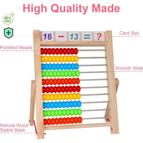  KIDWILL Preschool Learning Toy, 10-Row Wooden Frame Abacus with Multi-Color Beads, Counting Sticks, Number Alphabet Cards, Math Calculating Tool Toy Gift for 2 3 4 5 6 Years Old To