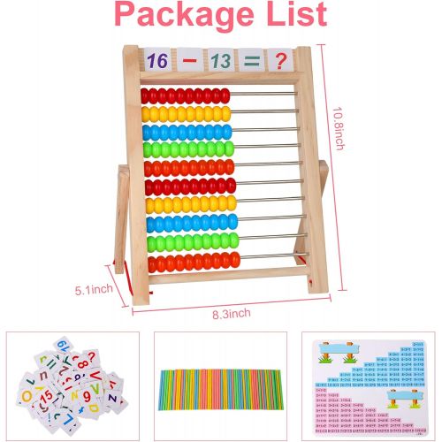  KIDWILL Preschool Learning Toy, 10-Row Wooden Frame Abacus with Multi-Color Beads, Counting Sticks, Number Alphabet Cards, Math Calculating Tool Toy Gift for 2 3 4 5 6 Years Old To
