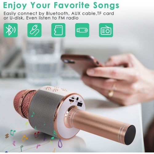  KIDWILL Wireless Bluetooth Karaoke Microphone for Kids, 5-in-1 Portable Handheld Karaoke Mic Speaker Player Recorder with Adjustable Remix FM Radio for Kids Girls Boys Teens Birthday (Rose
