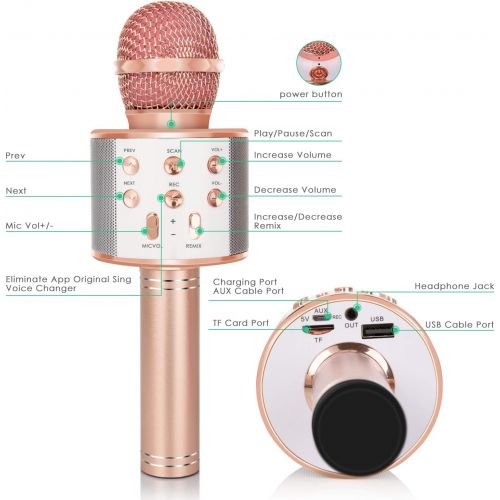  KIDWILL Wireless Bluetooth Karaoke Microphone for Kids, 5-in-1 Portable Handheld Karaoke Mic Speaker Player Recorder with Adjustable Remix FM Radio for Kids Girls Boys Teens Birthday (Rose