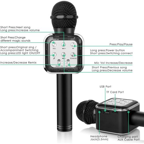  [아마존베스트]KIDWILL Wireless Bluetooth Karaoke Microphone 5 in 1 Handheld Karaoke Microphone with LED Lights, Portable Microphone for Kids Adults Birthday Party KTV Christmas (Black)