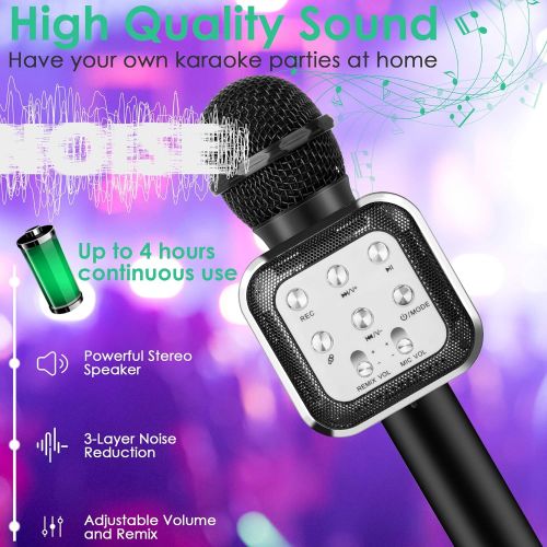  [아마존베스트]KIDWILL Wireless Bluetooth Karaoke Microphone 5 in 1 Handheld Karaoke Microphone with LED Lights, Portable Microphone for Kids Adults Birthday Party KTV Christmas (Black)