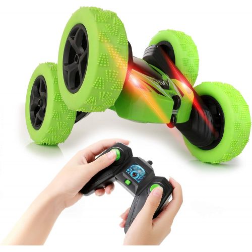  KIDWILL Remote Control Car, 4WD 2.4 Ghz High Speed Electric RC Stunt Car, 360° Double-Side Spinning & Tumbling, LED Headlight, Kids Toy Car for Boys and Girls (Green)