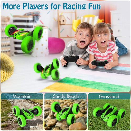  KIDWILL Remote Control Car, 4WD 2.4 Ghz High Speed Electric RC Stunt Car, 360° Double-Side Spinning & Tumbling, LED Headlight, Kids Toy Car for Boys and Girls (Green)