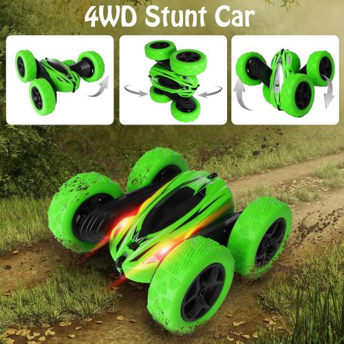  KIDWILL Remote Control Car, 4WD 2.4 Ghz High Speed Electric RC Stunt Car, 360° Double-Side Spinning & Tumbling, LED Headlight, Kids Toy Car for Boys and Girls (Green)