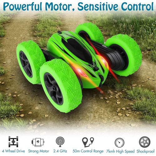  KIDWILL Remote Control Car, 4WD 2.4 Ghz High Speed Electric RC Stunt Car, 360° Double-Side Spinning & Tumbling, LED Headlight, Kids Toy Car for Boys and Girls (Green)