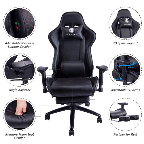  KILLABEE Big and Tall 350lb Massage Gaming Chair Metal Base - Adjustable Massage Lumbar Cushion, Retractable Footrest High Back Ergonomic Leather Racing Computer Desk Executive Off