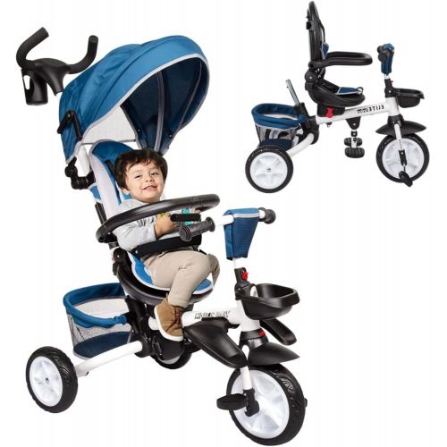  [아마존베스트]Kinbor Baby Tricycle 7 in 1 Foldable Steer Stroller with Learning Bike w/Detachable Guardrail, Adjustable Canopy, Safety Harness, Storage Bag, Brake, Shock Absorption Design for To