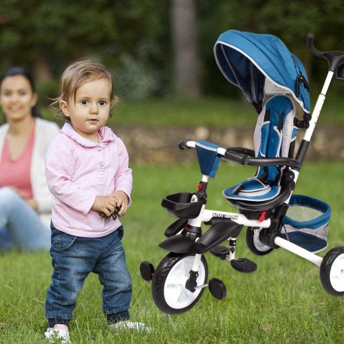  [아마존베스트]Kinbor Baby Tricycle 7 in 1 Foldable Steer Stroller with Learning Bike w/Detachable Guardrail, Adjustable Canopy, Safety Harness, Storage Bag, Brake, Shock Absorption Design for To