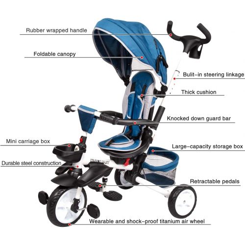  [아마존베스트]Kinbor Baby Tricycle 7 in 1 Foldable Steer Stroller with Learning Bike w/Detachable Guardrail, Adjustable Canopy, Safety Harness, Storage Bag, Brake, Shock Absorption Design for To