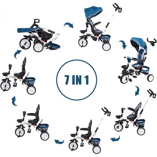  [아마존베스트]Kinbor Baby Tricycle 7 in 1 Foldable Steer Stroller with Learning Bike w/Detachable Guardrail, Adjustable Canopy, Safety Harness, Storage Bag, Brake, Shock Absorption Design for To