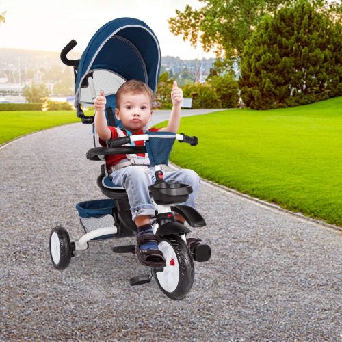  [아마존베스트]Kinbor Baby Tricycle 7 in 1 Foldable Steer Stroller with Learning Bike w/Detachable Guardrail, Adjustable Canopy, Safety Harness, Storage Bag, Brake, Shock Absorption Design for To