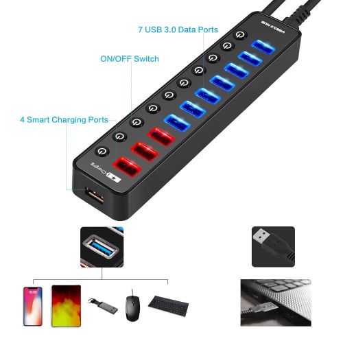  KINFAYV Powered USB 3.0 Hub - 11 Ports USB 3.0 Hub Splitter (7 High Speed Data Transfer Ports + 4 Smart Fast Charging Ports) with Individual On/Off Switches & Power Adapter for Mac