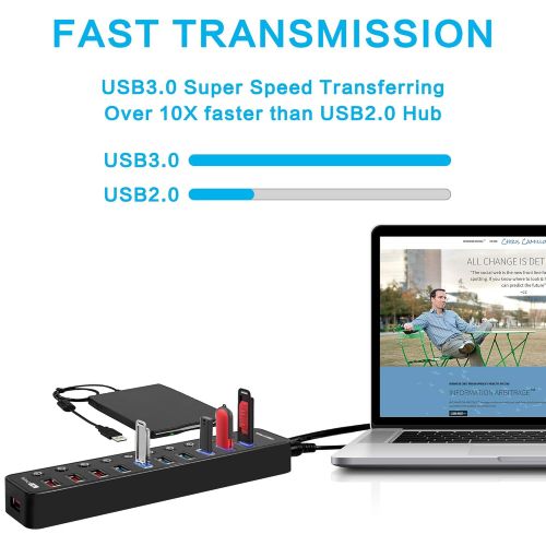  KINFAYV Powered USB 3.0 Hub - 11 Ports USB 3.0 Hub Splitter (7 High Speed Data Transfer Ports + 4 Smart Fast Charging Ports) with Individual On/Off Switches & Power Adapter for Mac