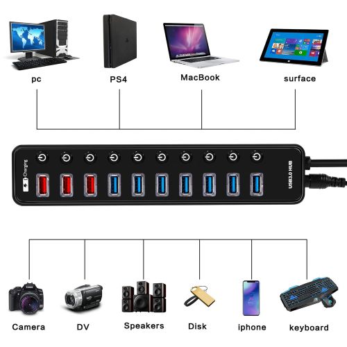  KINFAYV Powered USB 3.0 Hub - 11 Ports USB 3.0 Hub Splitter (7 High Speed Data Transfer Ports + 4 Smart Fast Charging Ports) with Individual On/Off Switches & Power Adapter for Mac