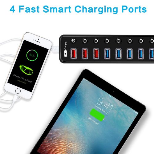  KINFAYV Powered USB 3.0 Hub - 11 Ports USB 3.0 Hub Splitter (7 High Speed Data Transfer Ports + 4 Smart Fast Charging Ports) with Individual On/Off Switches & Power Adapter for Mac