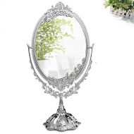 KINGFOM Antique Two Sided Swivel Oval Desktop Vanity Makeup Mirror with Embossed Roses and Mounted Beads for Home, Jewelry or Watches Cosmetics Showcase (Silver, Large)