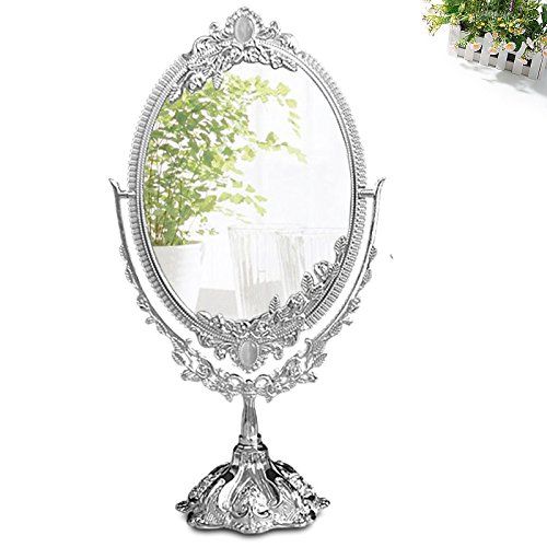  KINGFOM Antique Two Sided Swivel Oval Desktop Vanity Makeup Mirror with Embossed Roses and Mounted Beads for Home, Jewelry or Watches Cosmetics Showcase (Silver, Large)