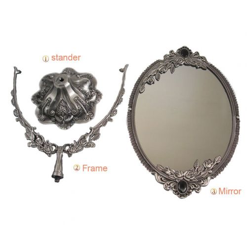  KINGFOM Antique Two Sided Swivel Oval Desktop Vanity Makeup Mirror with Embossed Roses and Mounted Beads for Home, Jewelry or Watches Cosmetics Showcase (Silver, Large)