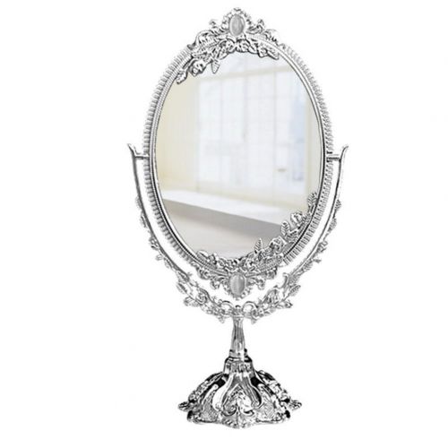  KINGFOM Antique Two Sided Swivel Oval Desktop Vanity Makeup Mirror with Embossed Roses and Mounted Beads for Home, Jewelry or Watches Cosmetics Showcase (Silver, Large)