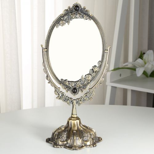  KINGFOM Antique Two Sided Swivel Oval Desktop Vanity Makeup Mirror with Embossed Roses and Mounted Beads for Home, Jewelry or Watches Cosmetics Showcase (Silver, Large)