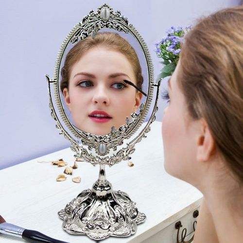  KINGFOM Antique Two Sided Swivel Oval Desktop Vanity Makeup Mirror with Embossed Roses and Mounted Beads for Home, Jewelry or Watches Cosmetics Showcase (Silver, Large)