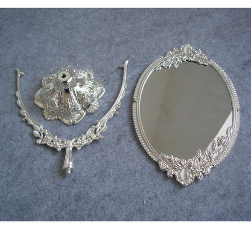  KINGFOM Antique Two Sided Swivel Oval Desktop Vanity Makeup Mirror with Embossed Roses and Mounted Beads for Home, Jewelry or Watches Cosmetics Showcase (Silver, Large)