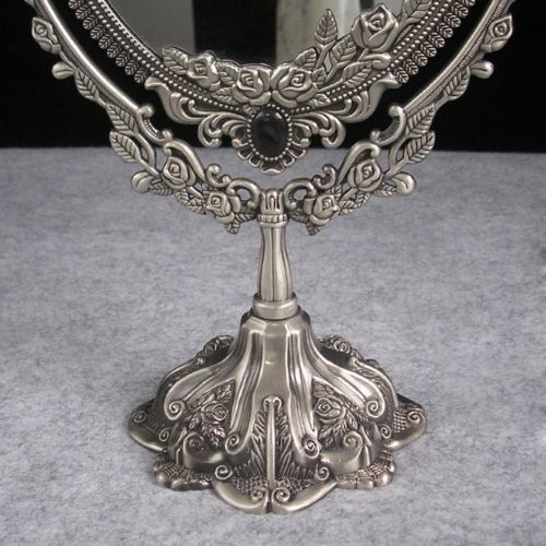  KINGFOM Antique Two Sided Swivel Oval Desktop Vanity Makeup Mirror with Embossed Roses and Mounted Beads for Home, Jewelry or Watches Cosmetics Showcase (Silver, Large)