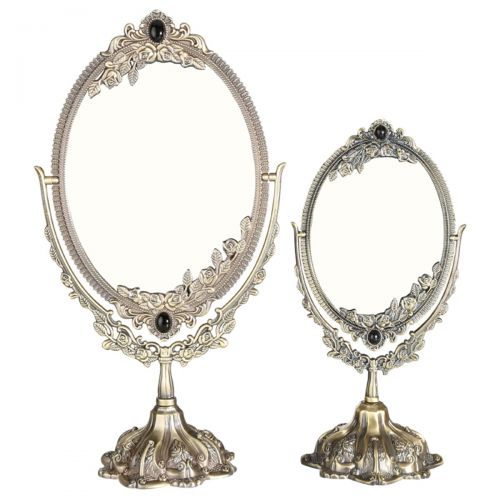  KINGFOM Antique Two Sided Swivel Oval Desktop Vanity Makeup Mirror with Embossed Roses and Mounted Beads for Home, Jewelry or Watches Cosmetics Showcase (Silver, Large)